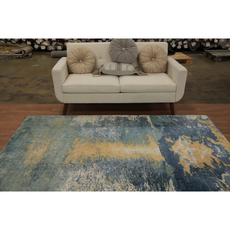 Hand Knotted Oriental Viscose Silk Carpet Modern Pictorial Multi-Colored Abstract Area Rug - 7' 8'' X 5' 6''
