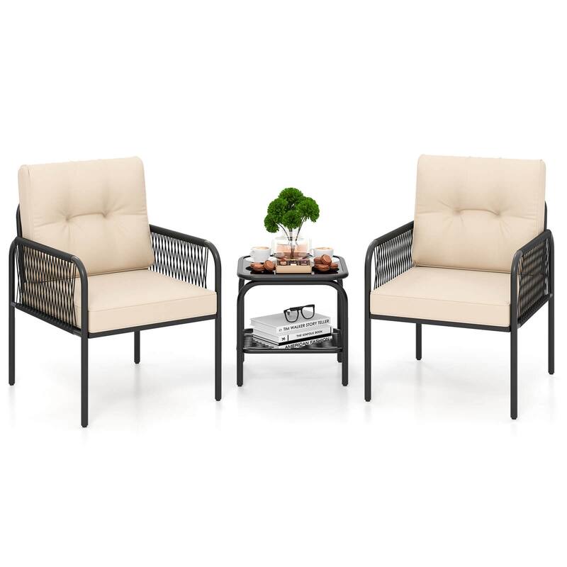 Costway 3 PCS Patio Bistro Set with Tempered Glass Table Chairs Back - See Details