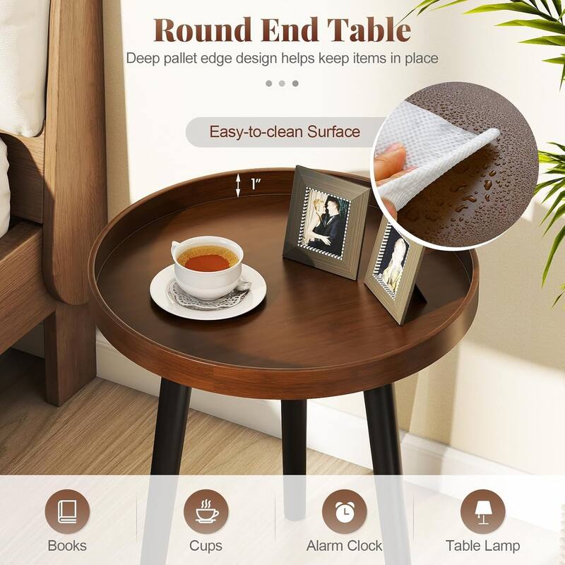 Set of 1/2 Round End Table Modern Side Tables with Wooden Tray
