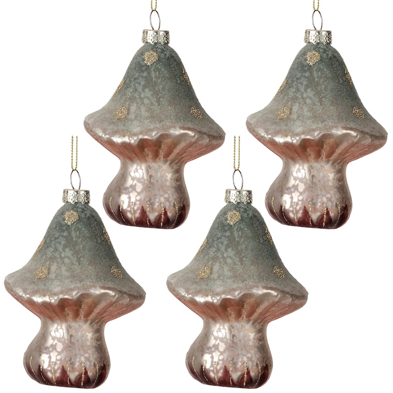 5" Glass Winter Mushroom Ornament Set of 4