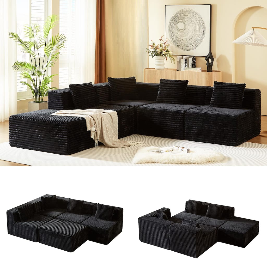 Modular Sectional Corduroy Sofa with Deep Seat, L-Shape, Black, Easy Assembly
