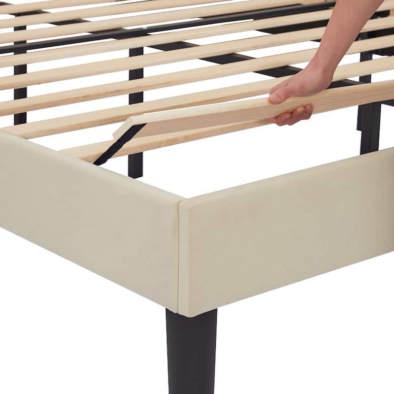 VECELO, Upholstered Platform Bed Frame with Nailhead Headboard- Twin/Full/Queen Size Bed-Beige