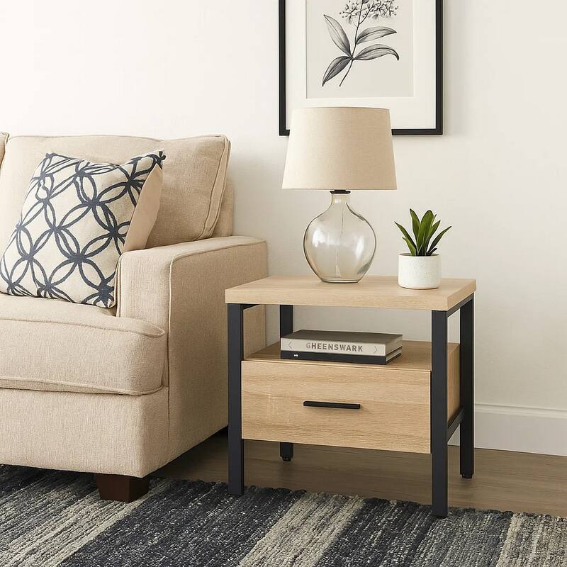 Accent Table with Metal Leg and 1 Tier Shelf,Brown and Black