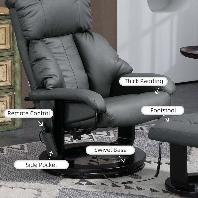 HOMCOM Massage Recliner Chair with Ottoman, 360° Swivel Recliner and Footstool, PU Leather Reclining Chair, Gray