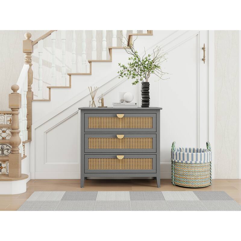 Rattan Storage Cabinet with Wood Grain Finish & Semi-Circle Metal Handles, Accent Cabinet with Anti-Slip Foot Pads - Gray