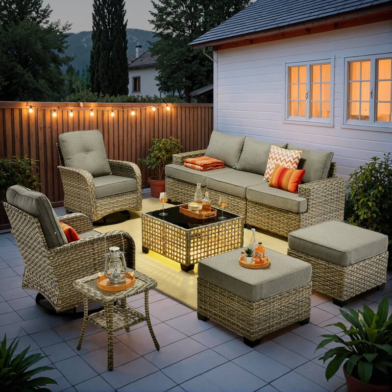 OVIOS 9 Pieces Wide Arm T shaped Seat Curved Swivel Chair Set With Solar-Powered Table - DarkGrey