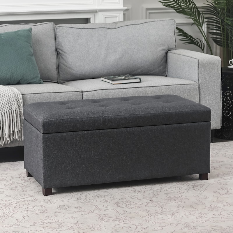 Adeco Rectangle Storage Ottoman Bench for Living Room Bedroom - Dark Grey-Linen