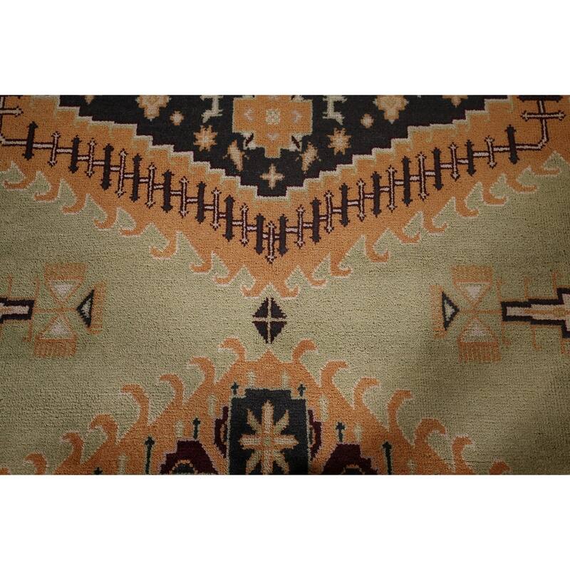 Light Green Geometric Viss Large Indian Rug Hand-Knotted Wool Carpet - 11'10"x 17'11"