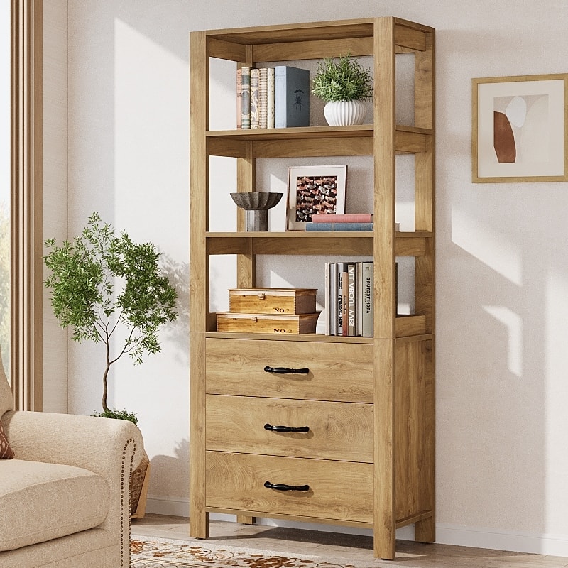 Modern 4-tier Tall Bookcase with Drawers and Open Display Shelf - 13.78" D x 31.5" W x 70.9" H