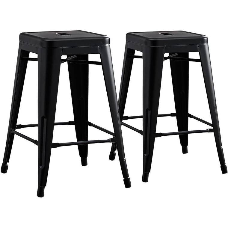 Backless Light Weight Industrial Vintage Costal Metal Bar Stools Without Back and 4 Leg Design (Set of 2)(24" Seat) - Dark Black
