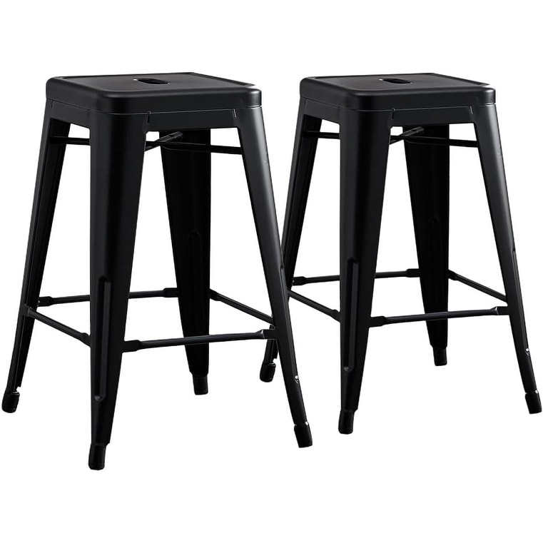 Contemporary Rustic Vintage Backless Metal Bar Stools- Kitchen Counter Bar Stool, 24Inch Height, Set of 2
