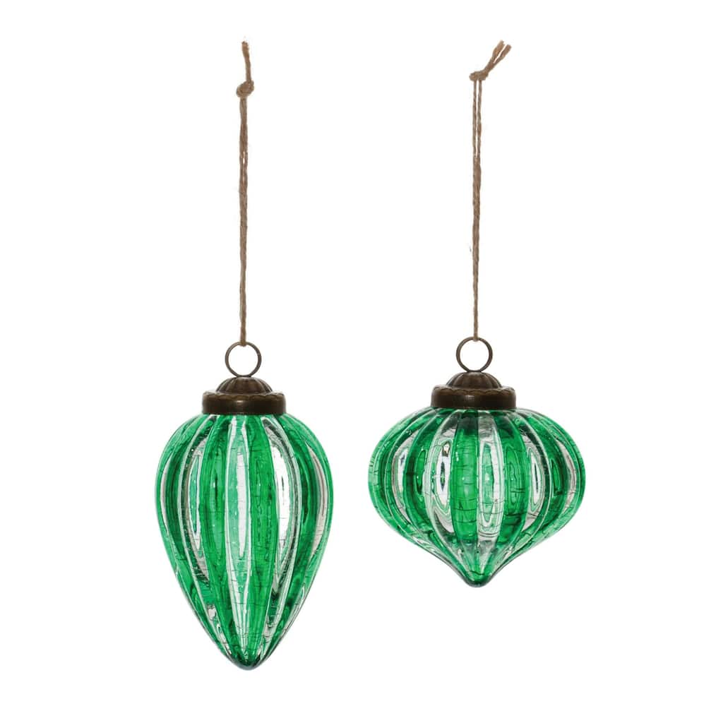 Ribbed Crackle Glass Christmas Ornaments - 5" - Green - 6ct