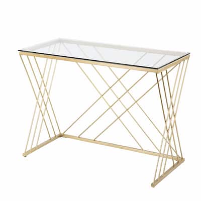 Clear Glass Gold Metal Writing Desk with Shelf and Rectangular Glossy Finish