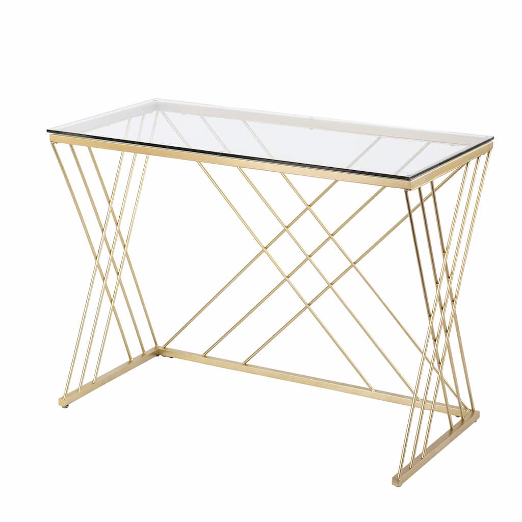 Clear Glass Gold Metal Writing Desk with Shelf and Rectangular Glossy Finish
