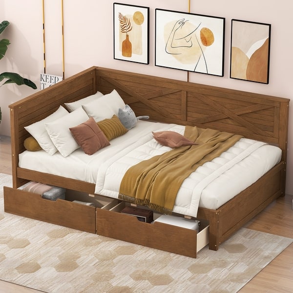slide 2 of 8, Twin Size Wood Daybed with 2 Drawers, Sofa Bed Frame with X-Shaped Design Guardrail for Kids Boys Adults, Brown -2 Drawers Brown -2 Drawers - Twin