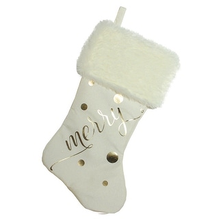 19" Ivory White Gold Foil "Merry" Stocking White Faux Fur Cuff