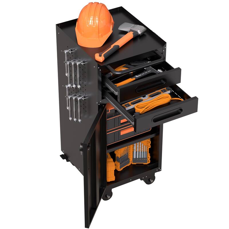 34.3" Narrow Rolling Tool Cabinet - Space-Saving Garage Storage with Lockable Door, 2 Drawers and Large Handle