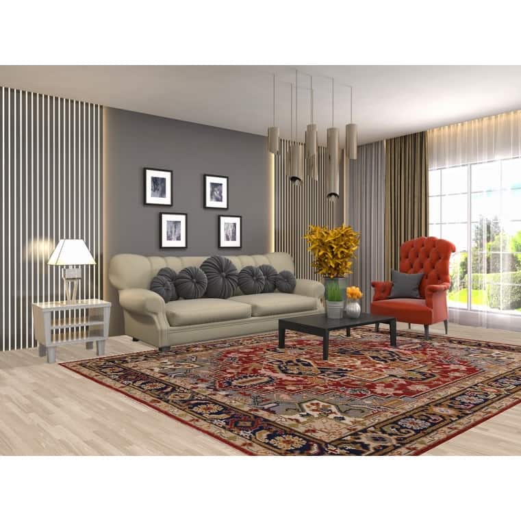 Geometric Heriz Serapi Indian Area Rug Handmade Red Wool Carpet - 7'10"x 10'0"