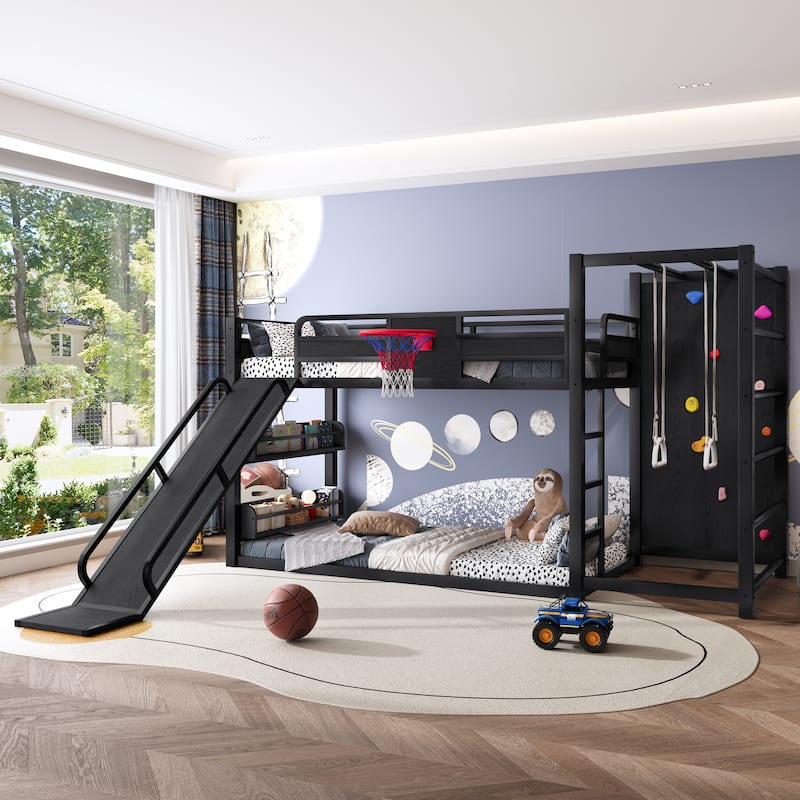 Roomfitters Metal Loft Bed with Slide and Climbing Wall, Gym Bed with Basketball Hoop, Black