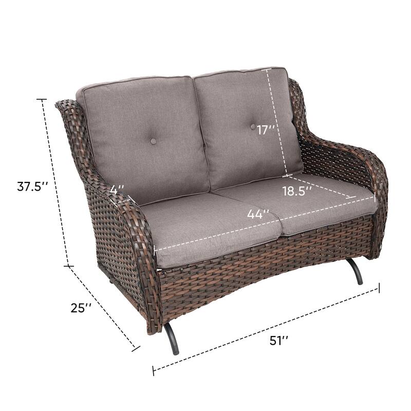 Patio Loveseat Glider Sofa with 2 Club Chair and Coffee Table - Grey cushion - Brown