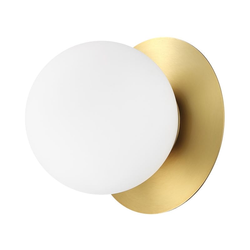 1-Light Damp Rated Brass Wall Sconce with White Glass Shade - 7 in.