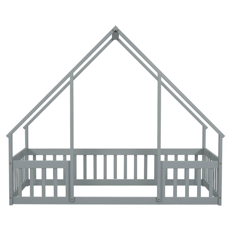 Twin Size Pine House-Shaped Floor Bed with Roof & Guardrails