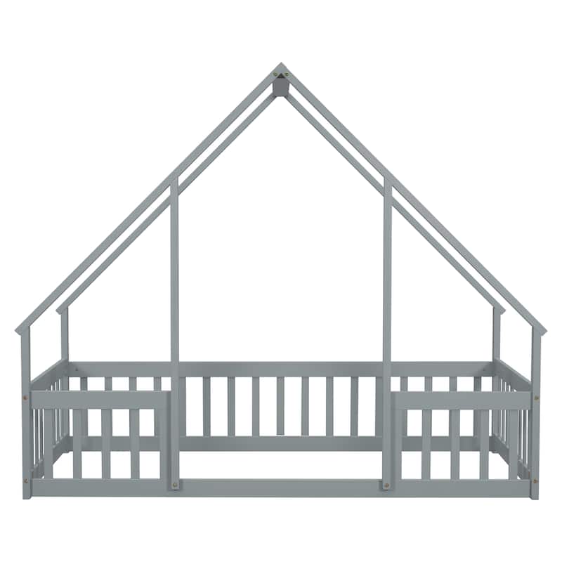 Wood House-Shaped Floor Bed with Fence