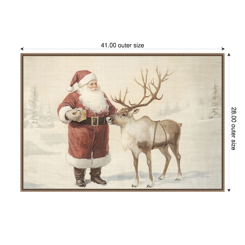 Santa Claus with Reindeer in Winter Wonderland by Melloi Art Prints Framed Canvas Wall Art Print - Sylvie Beaded Dark Gold - 41 x 28 in
