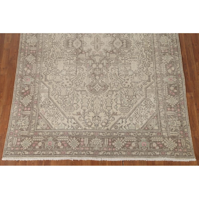 Distressed Beige Tabriz Persian Vintage Area Rug Handmade Wool Carpet - 6'7" x 9'6"