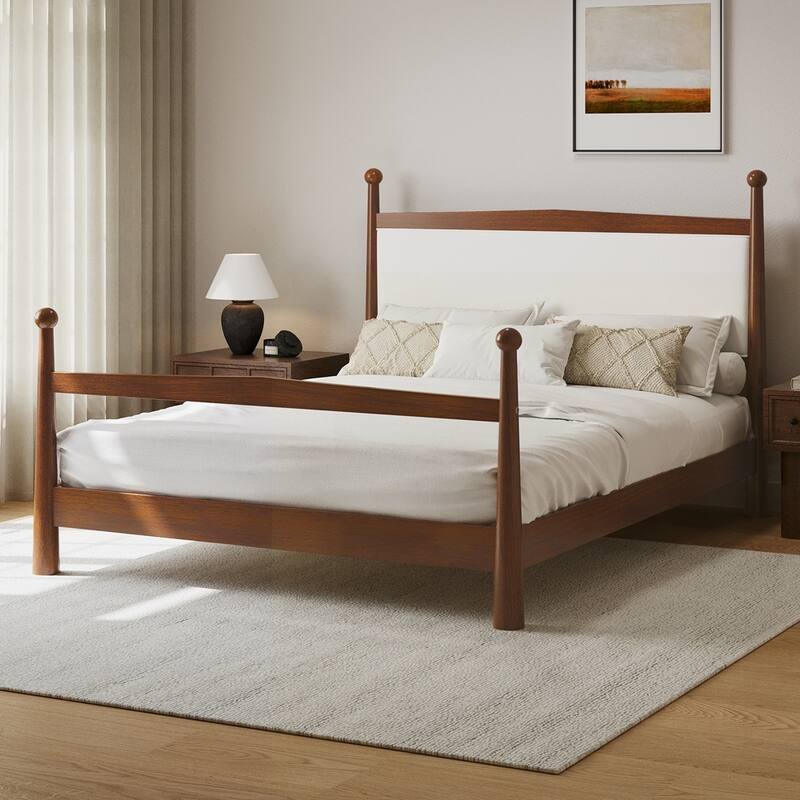 Solid Pine Wood Platform Bed with Upholstered Headboard