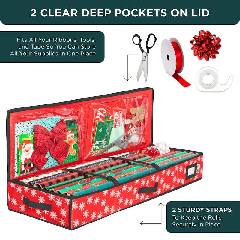 HOLDN' STORAGE Wrapping Paper Storage Container, Fits 27 Rolls Gift Wrap, Extra Pockets for Ribbons & Bows, Underbed Storage