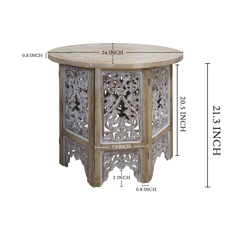 Accent Side Table, 24 Inch Round Top, Mango Wood Floral Cut Out Carved Motifs, Washed White