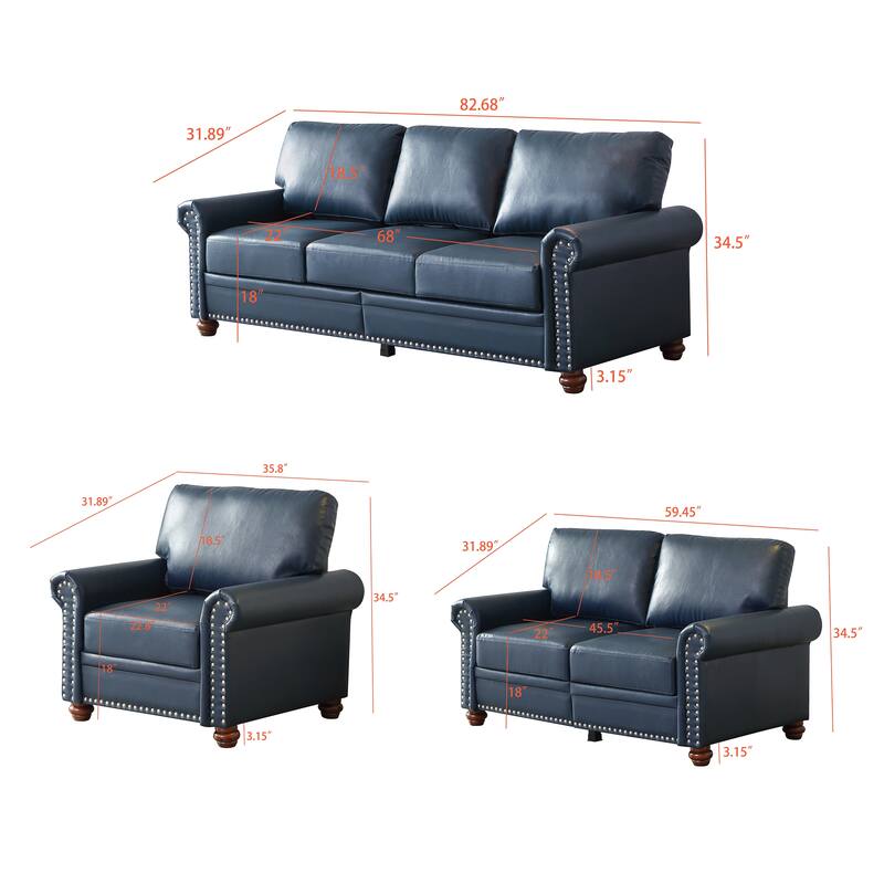 Roomfitters Living Room Sofa Loveseat with Round Arms, Tufted Couch with Silver Nail Trim , Faux Leather, Navy Blue