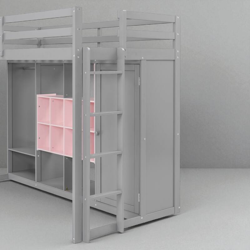 Space-Saving Twin/Full Loft Bed, Solid Wood Frame with Open Wardrobe, Colorful Shelves, Cabinet Storage & Reversible Ladder
