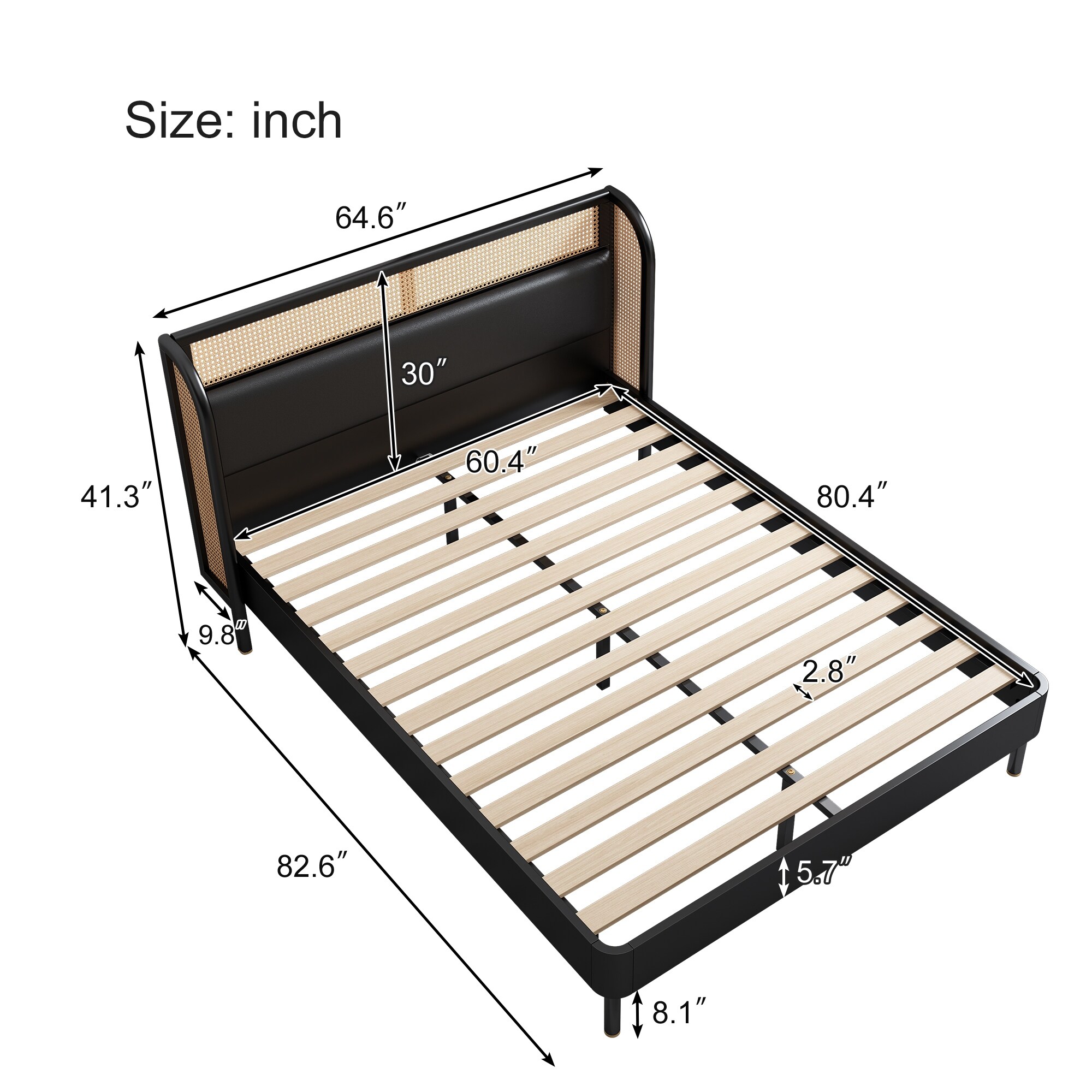 Queen Size Walnut Rattan Wood Platform Queen Bed Seven Pillars Solid and Quiet no noise so you can sleep