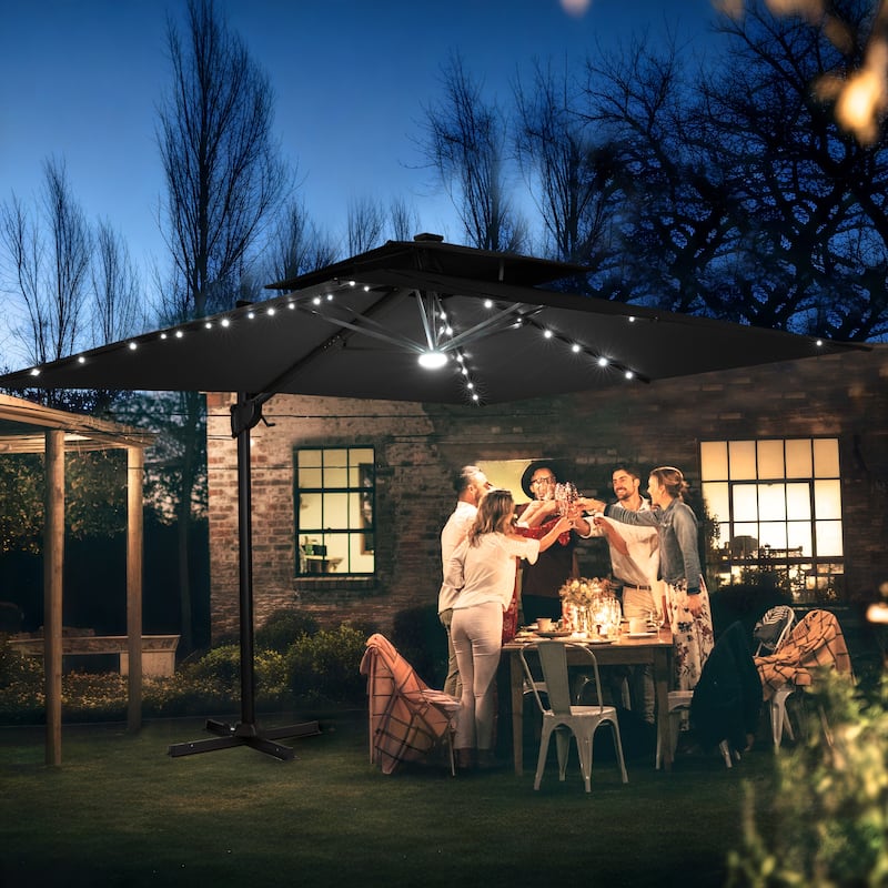 Pellebant 9x11FT Outdoor Dual Top Cantilever Patio Umbrella LED Light