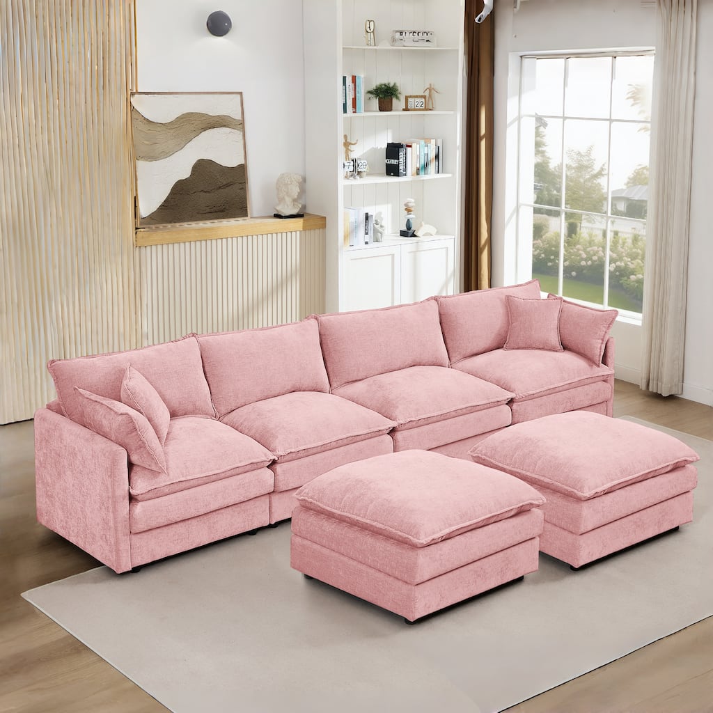 U Shaped Modular Sectional Sofa with Movable Ottoman, Comfy Chenille 4-Seater Cloud Couch, High-Resiliency Foam Deep Seat Sofa
