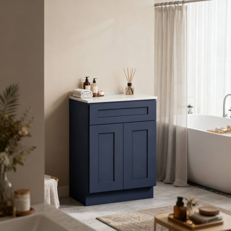 24" Navy Blue Shaker Base Cabinet with Soft-Close Door,Drawer,Space-Saving Solid Wood Unit with Adjustable Shelf for Kitchen - Blue