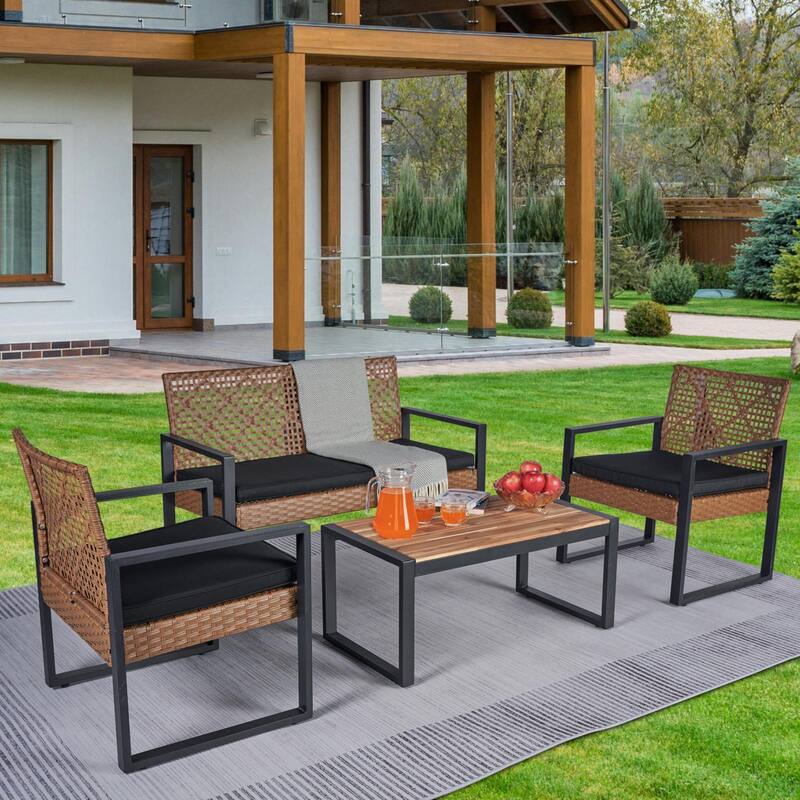 Morden 4-Piece Outdoor Patio Furniture Set, Acacia Wood Table Top Conversation Sets for Balcony Backyard Lawn