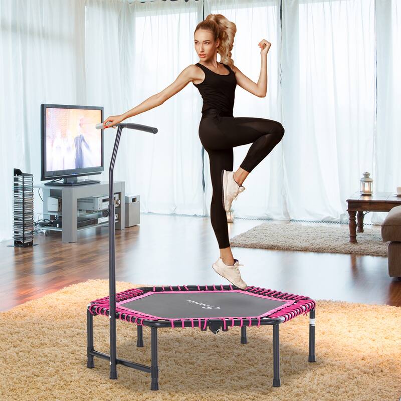 Foldable Fitness Trampoline for Adults with 3-Level Adjustable Handle - 41.25" L x 24.5" W x 4.75" H - Pink