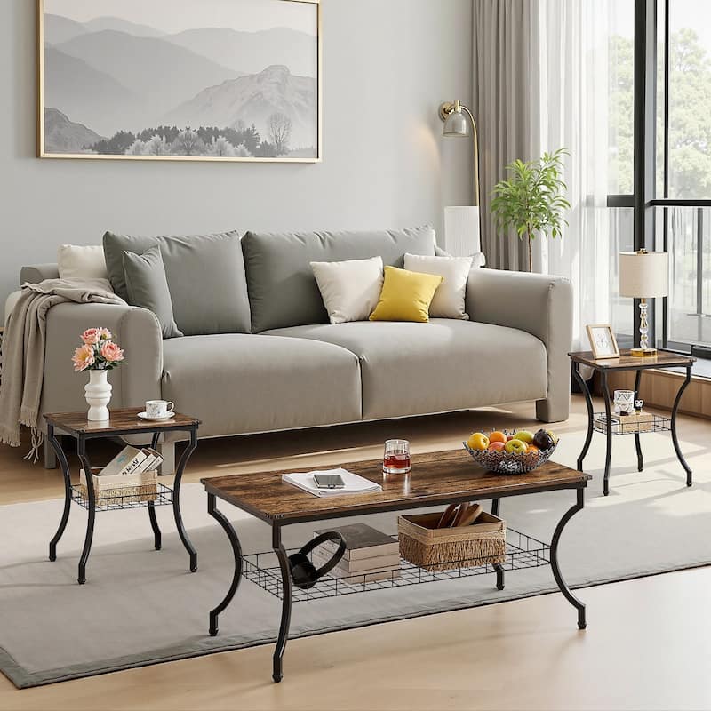 VECELO Mid Cectury 3-pieces Coffee Table Set, 3-Piece Living Room Table Set(Set of 3) - Brown