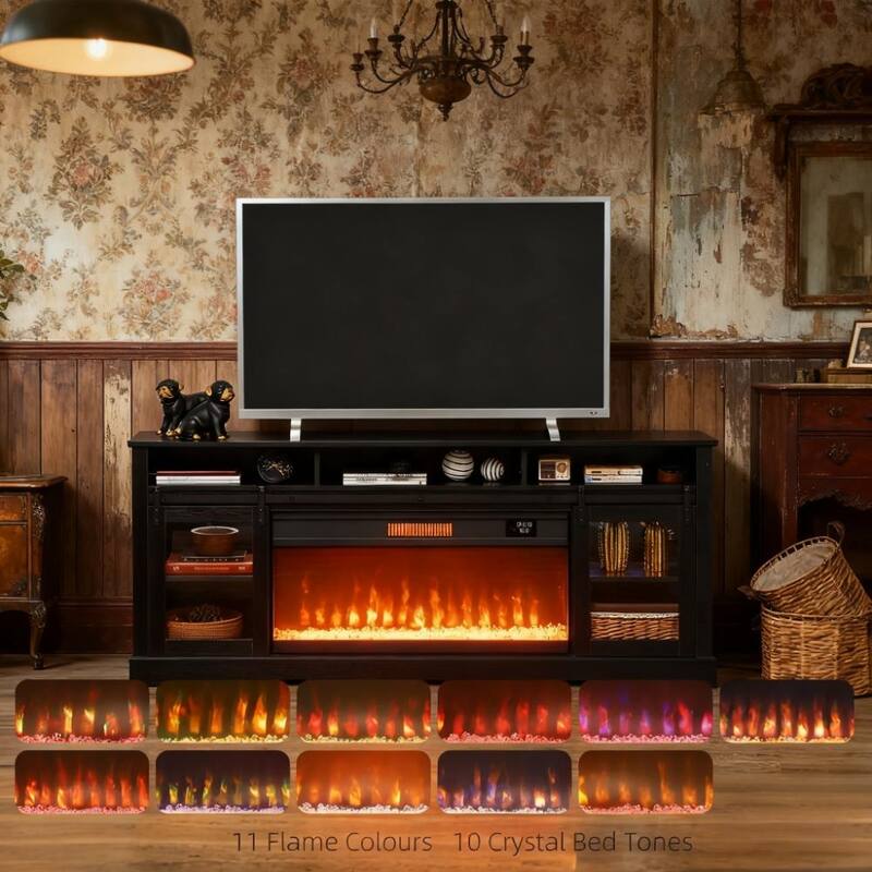 Farmhouse Fireplace TV Stand for TVs up to 80", TV Console TV Cabinet with 36" Electric Fireplace - Black