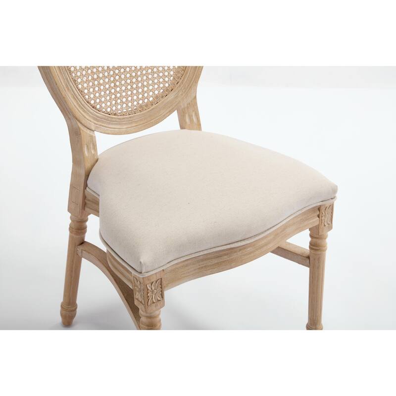 Set of 2 French Country Dining Chairs, Upholstered with Natural Rattan Round Back