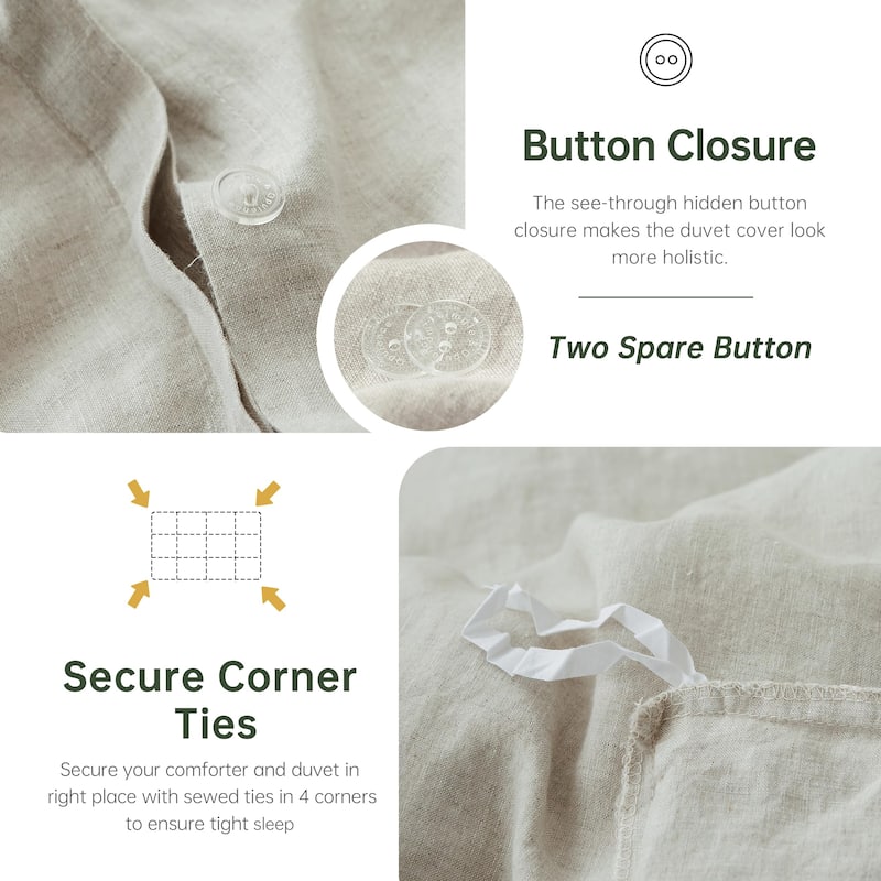 100% Linen Duvet Cover Set with Washed-French Flax-3 Pieces Basic Bedding Set-Soft Comforter Cover with 2 Pillowshams(Queen)