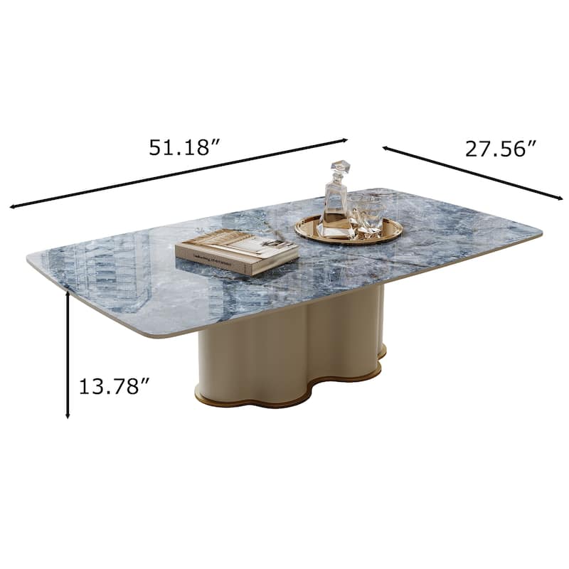 51" Modern Retangular Coffee Table, Blue Glossy Sintered Stone Table top