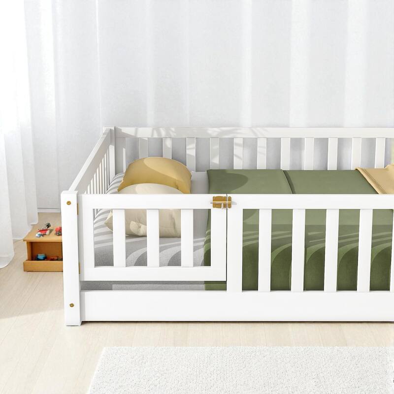 Full Size Rubber Wood Floor Bed with Fence, Door and Safety Guardrails for Kids