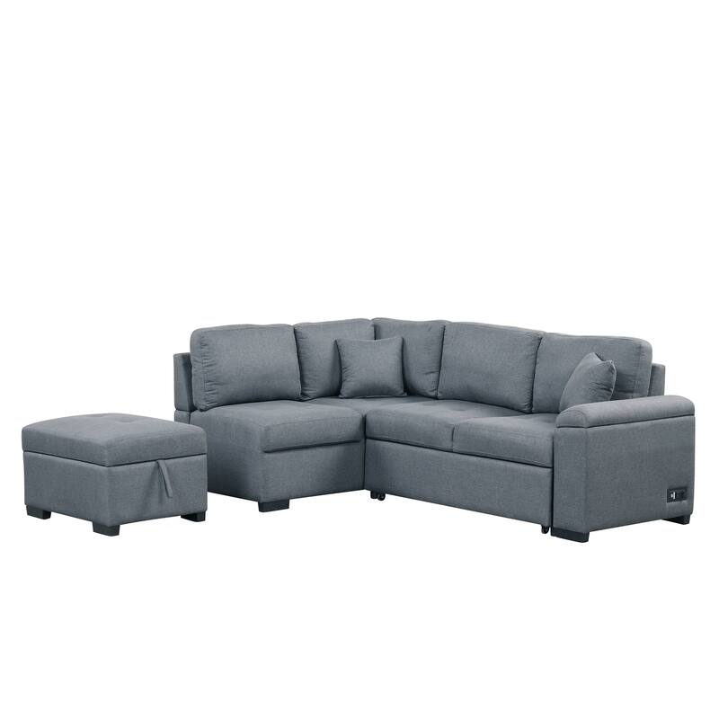 84.75" Velvet L-Shaped Sectional Sofa with Storage Ottoman, USB & Hidden Storage