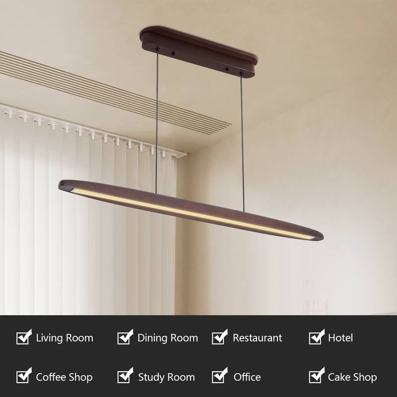 51" Wooden LED Pendant - Remote - Adjustable - Walnut - Dining Kitchen