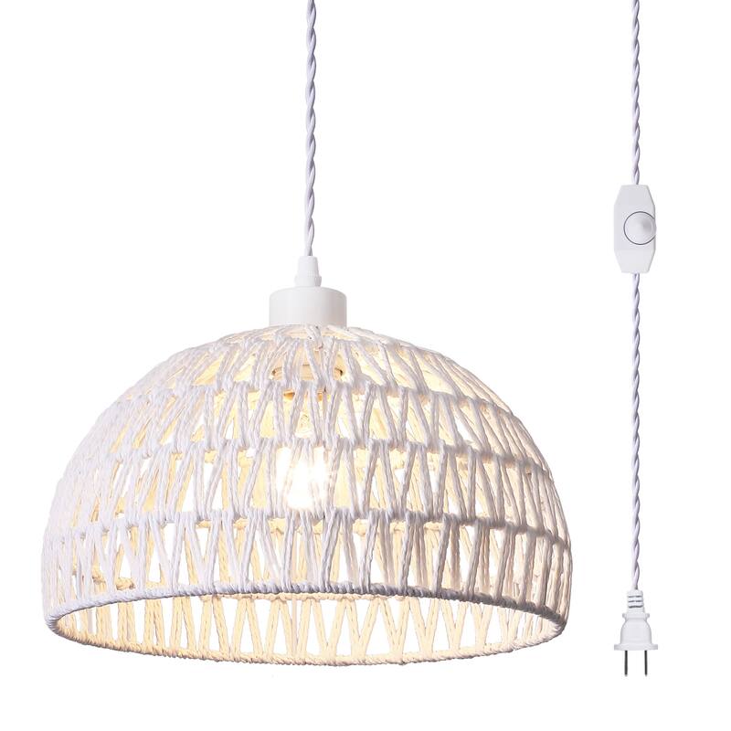 Plug in Handwoven Hemp Rope Lampshade Pendant Light with On/Off Switch