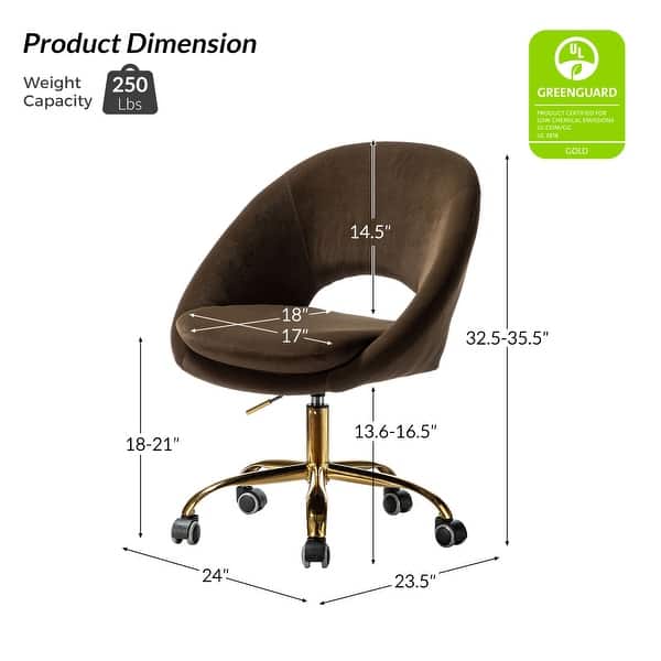 dimension image slide 6 of 18, HULALA HOME Ramona Modern Velvet Height Adjustable 360 Swivel Task Chair with Metal Base
